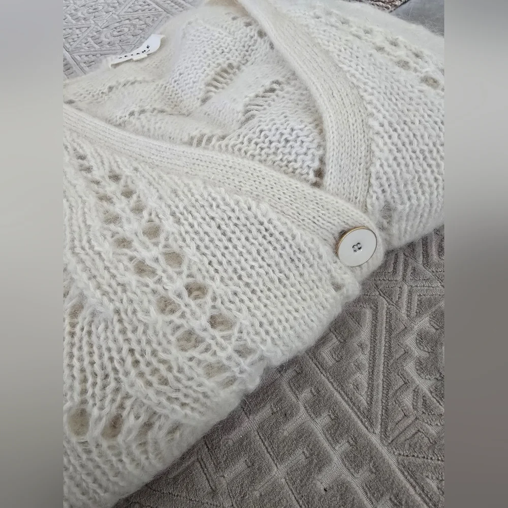 SÉZANE Dereck Fancy Knit Mohair Pointelle Cardigan Ivory Ecru S Like New RARE - Picture 9 of 12